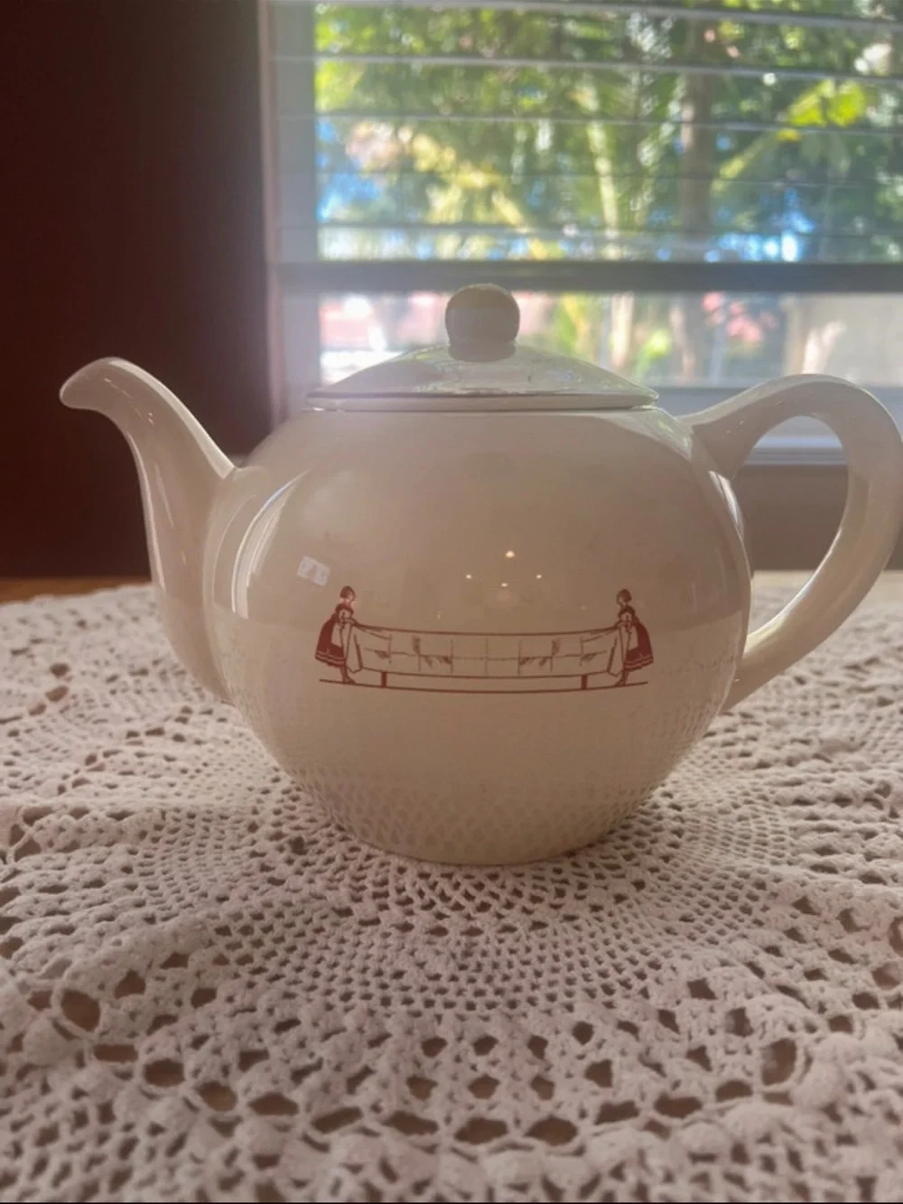 Vintage White Ceramic Teapot with Red Transfer Motif